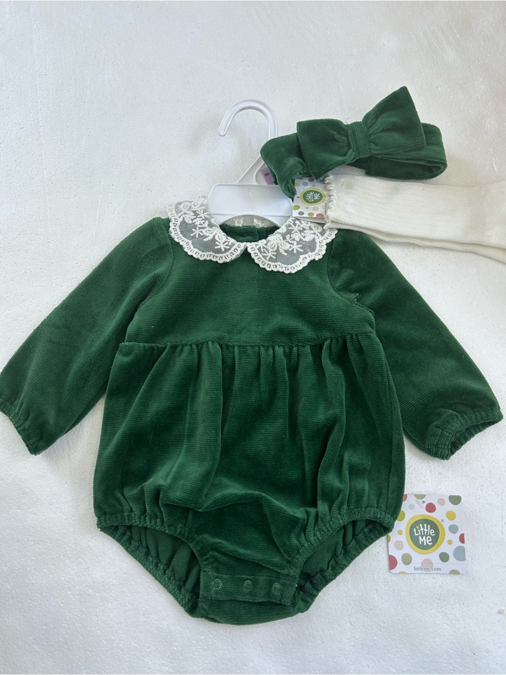 NWT Little Me Green holiday Christmas velveteen romper with white lace collar ma
